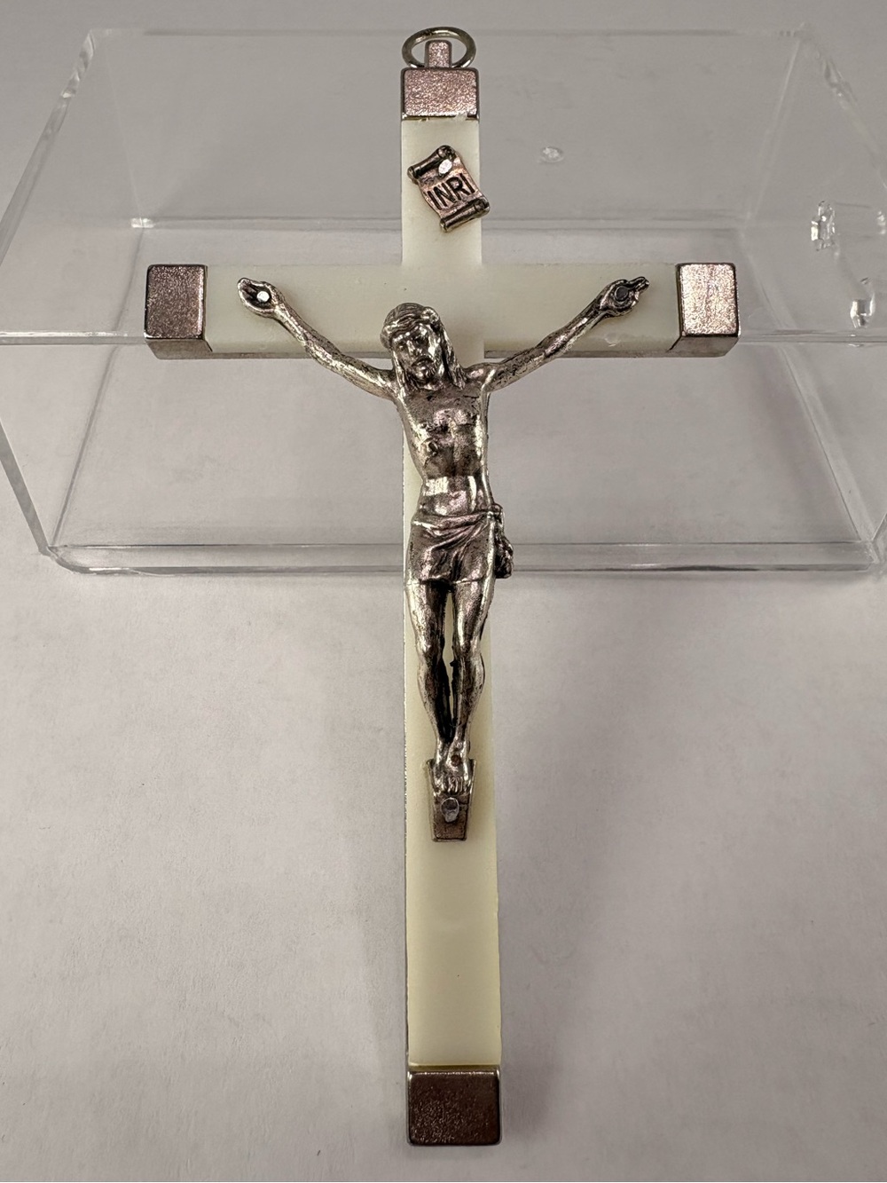 Vintage Italian Crucifix Jesus INRI Ivory White Cross Metal Corpus Italy 5.75"